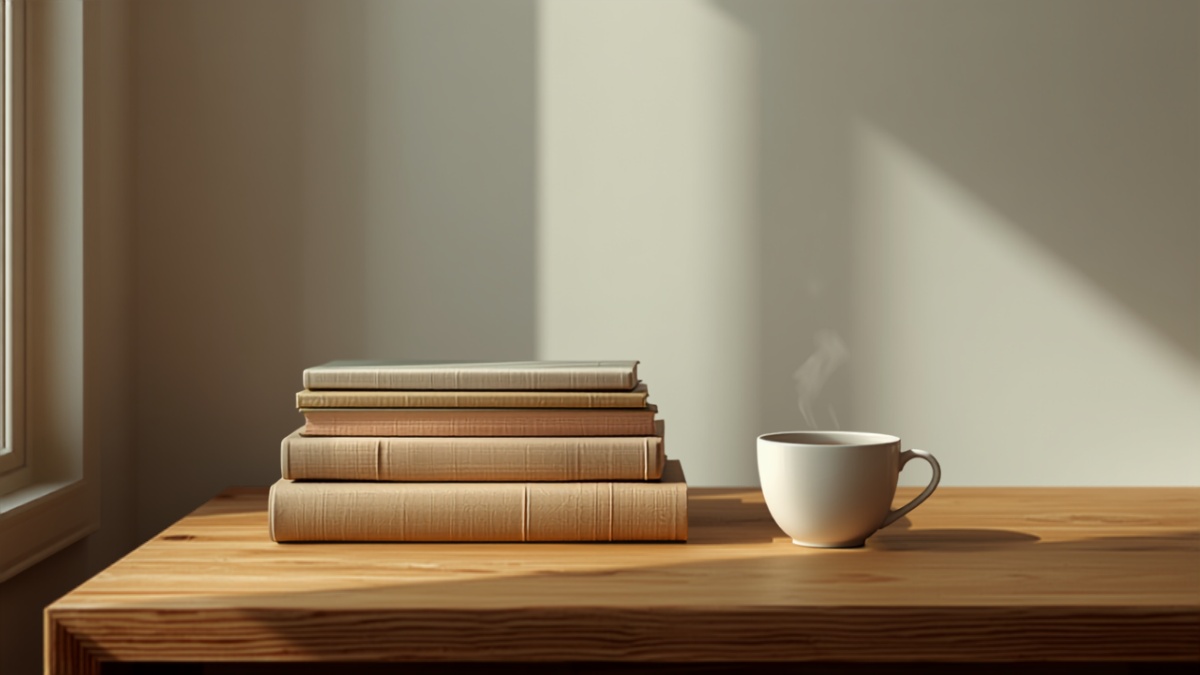 本と一杯のお茶のある机（要点を整理する場面）