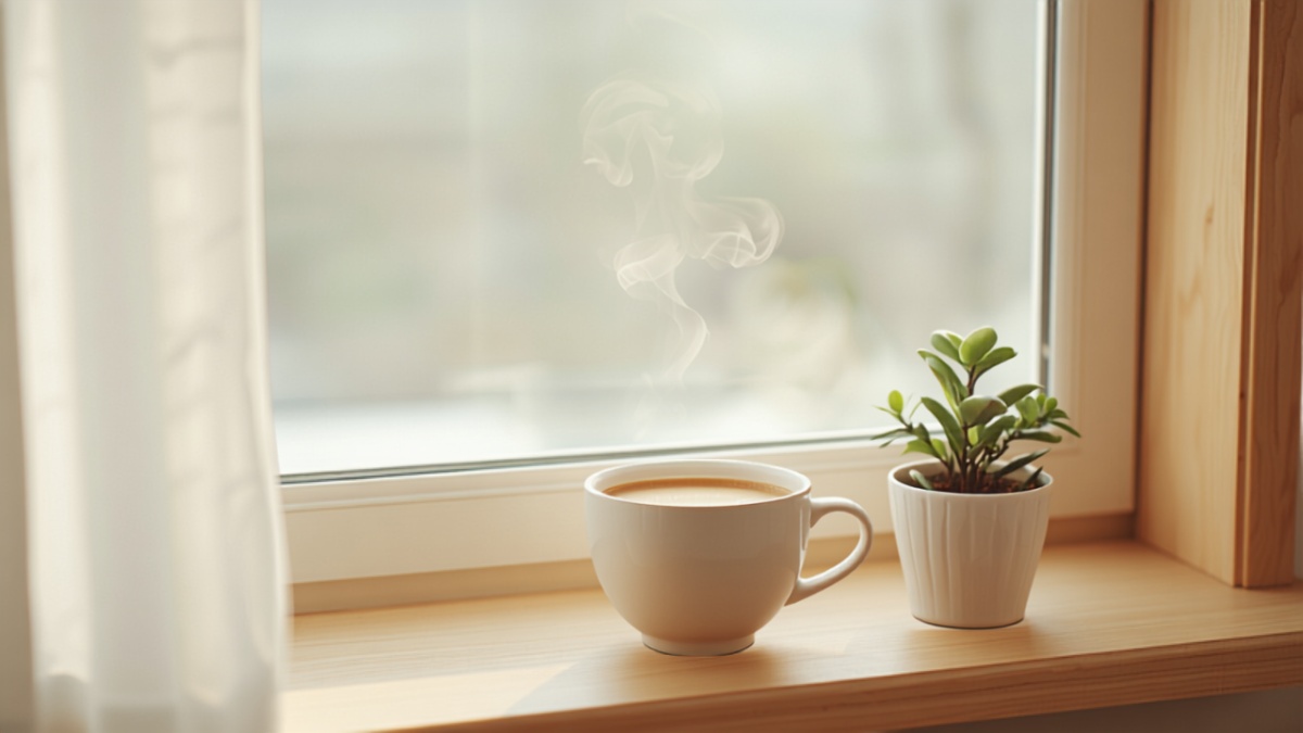 窓辺のコーヒーと観葉植物（読み終えて考えをまとめる場面）